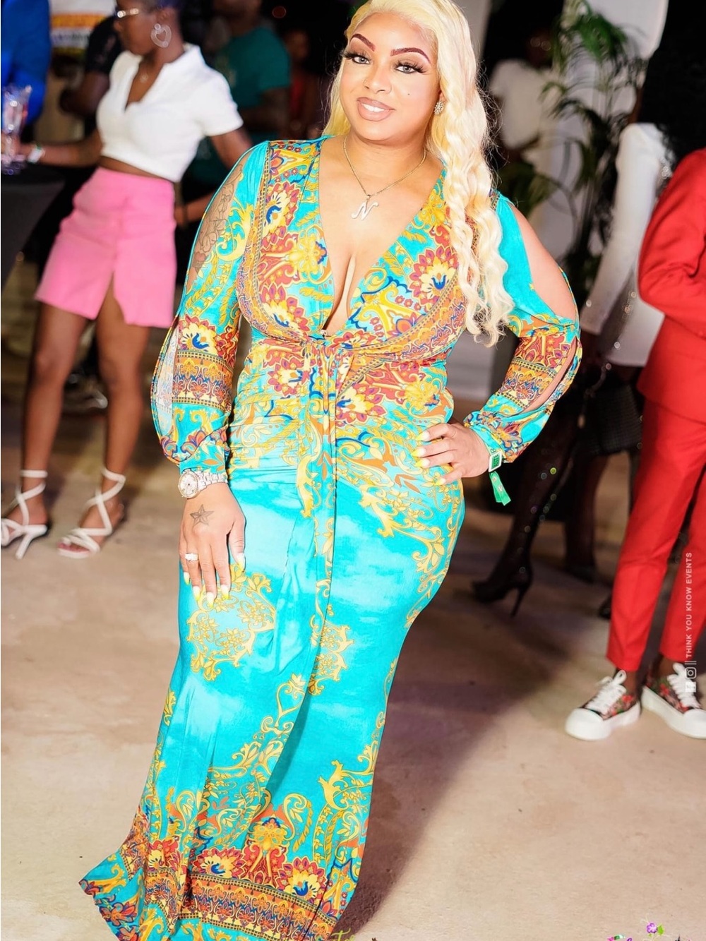 cameo Turquoise and Gold Long Sleeve Maxi Dress